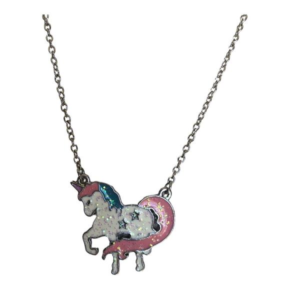 Magical Peach Pink Turquoise Star Glitter Unicorn Necklace And Post Earrings - Picture 7 of 14